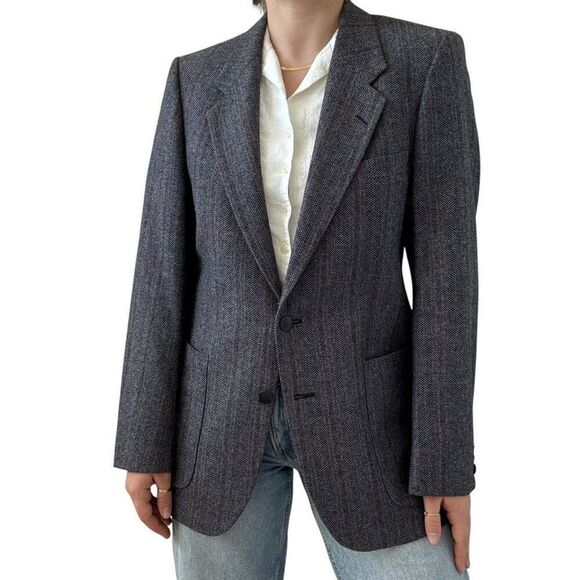 Vintage 1970s Yves Saint Laurent YSL Blue Gray Tweed Striped Sport Coat Blazer - Picture 1 of 8